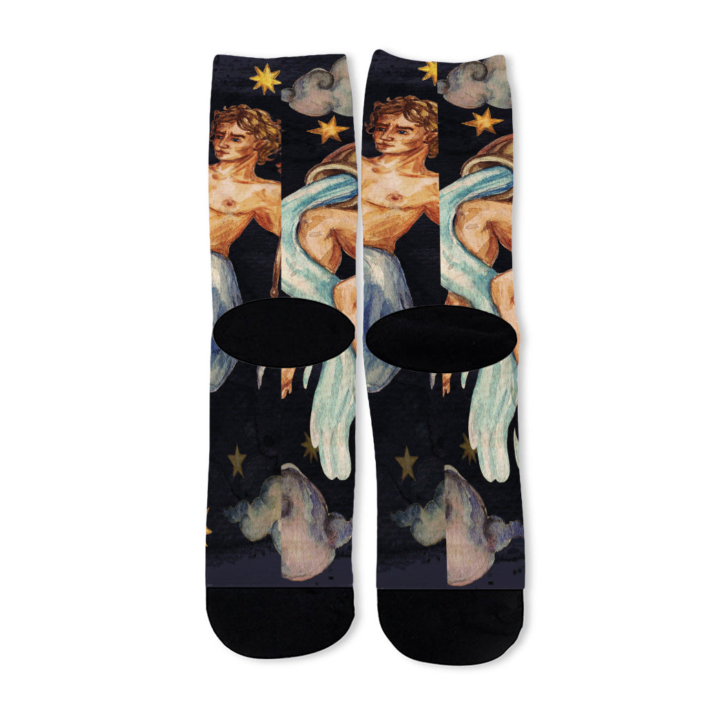 Watercolor Aquarius Zodiac Sign Print Long Socks