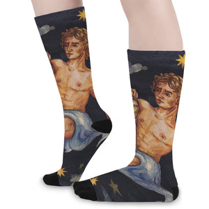 Watercolor Aquarius Zodiac Sign Print Long Socks