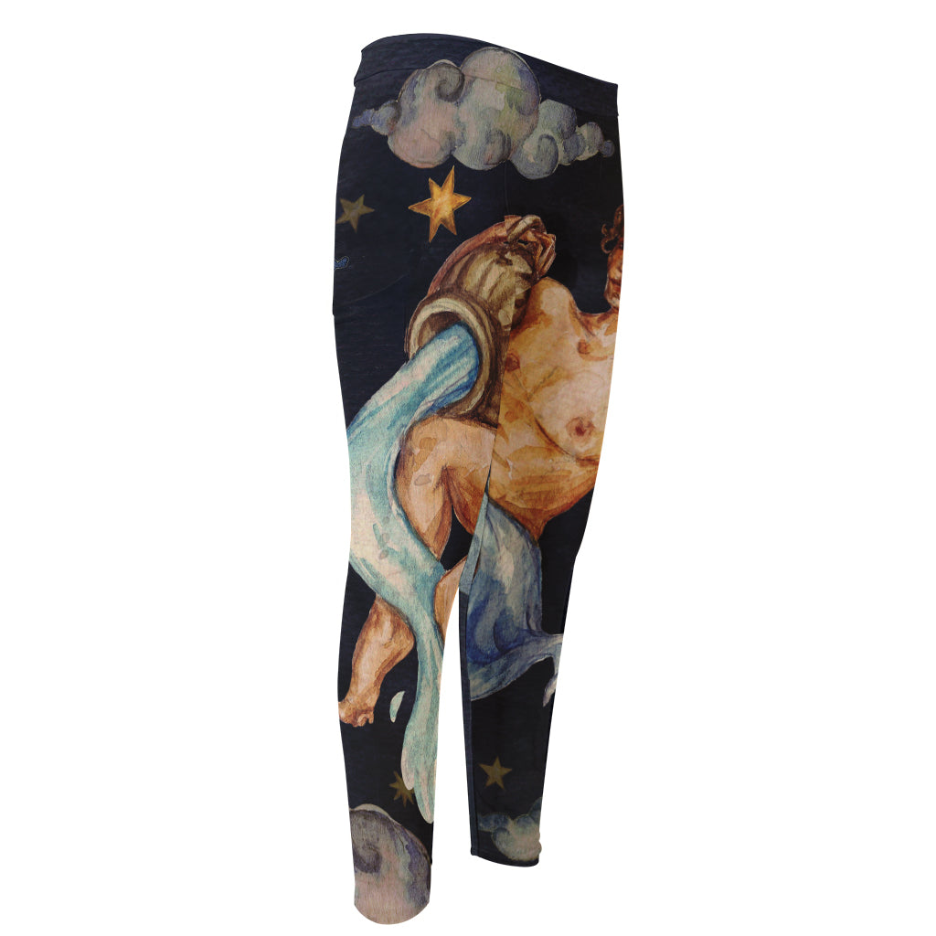 Watercolor Aquarius Zodiac Sign Print Men's Compression Pants