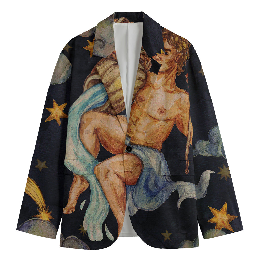 Watercolor Aquarius Zodiac Sign Print Men's Cotton Blazer