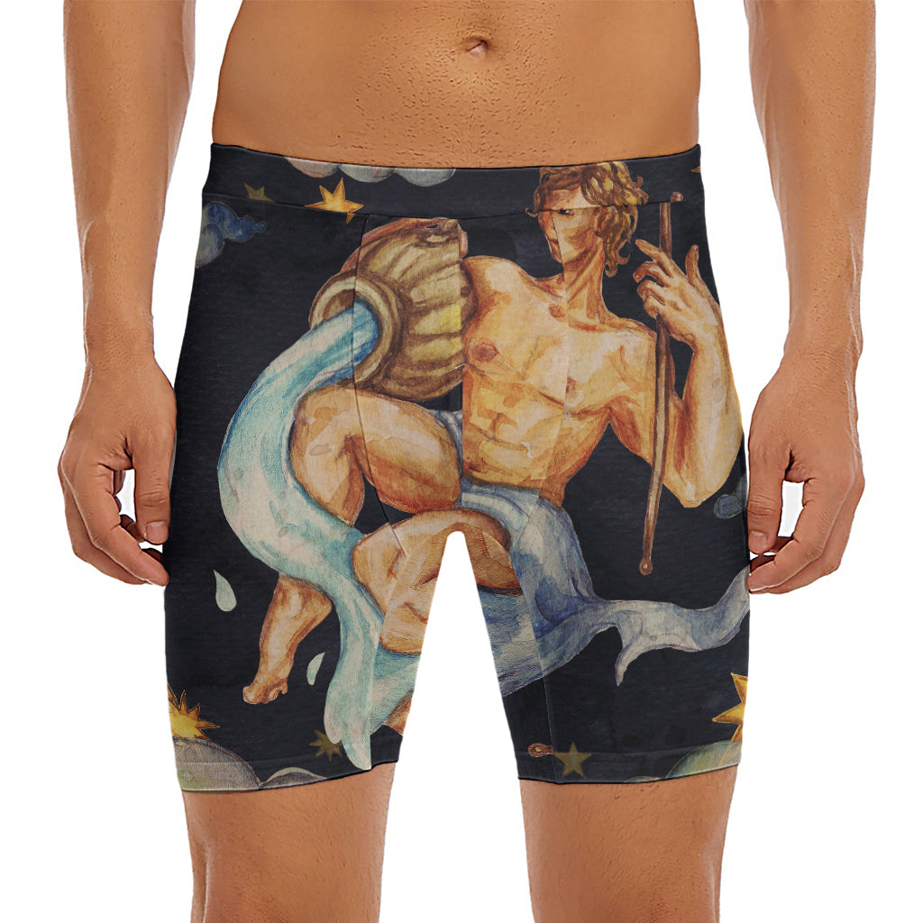 Watercolor Aquarius Zodiac Sign Print Men's Long Boxer Briefs
