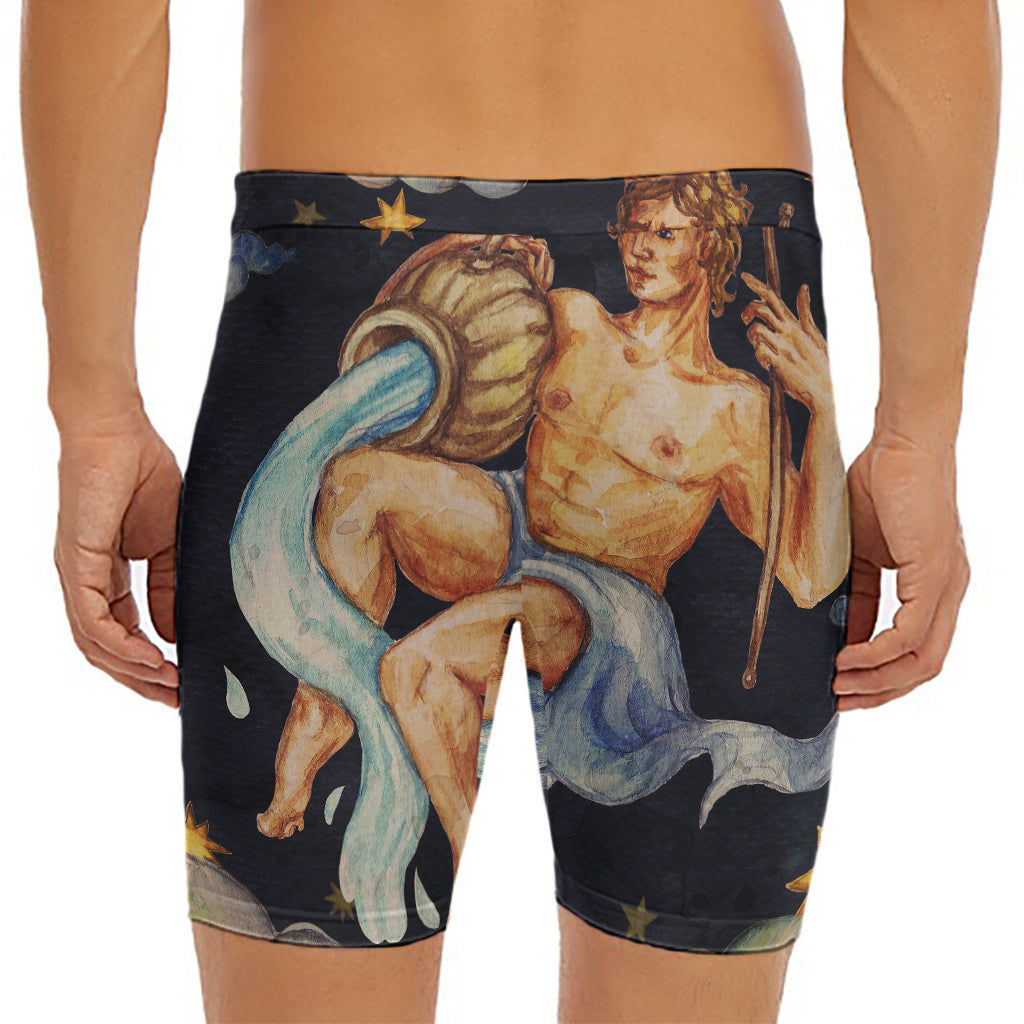 Watercolor Aquarius Zodiac Sign Print Men's Long Boxer Briefs