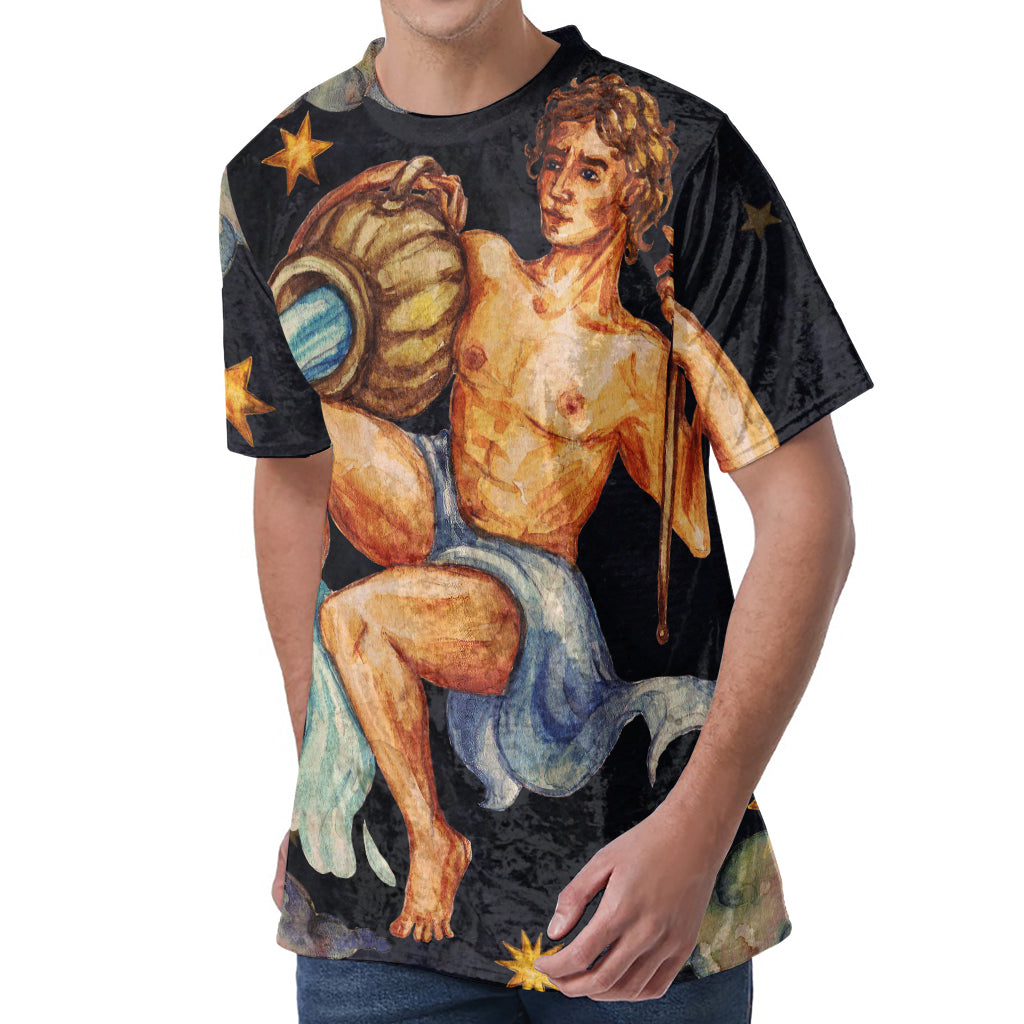 Watercolor Aquarius Zodiac Sign Print Men's Velvet T-Shirt