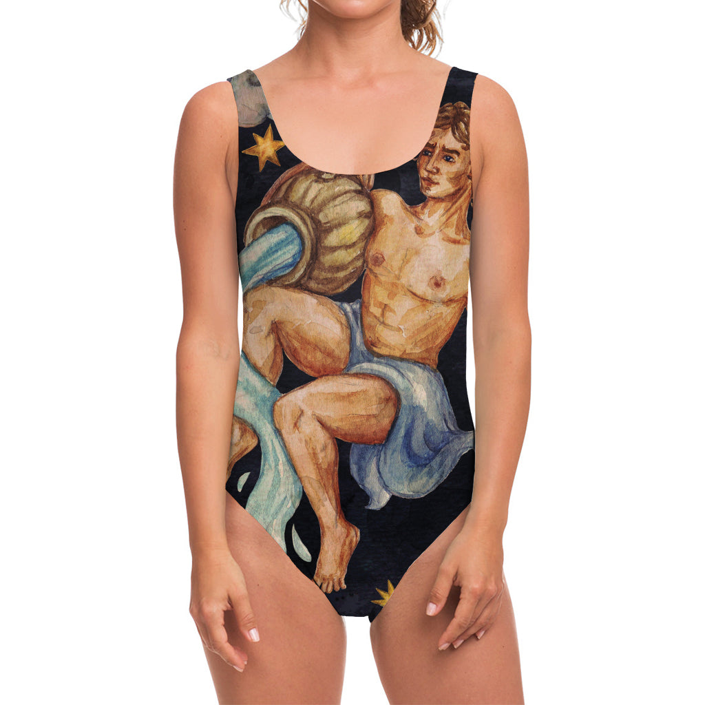 Watercolor Aquarius Zodiac Sign Print One Piece Swimsuit