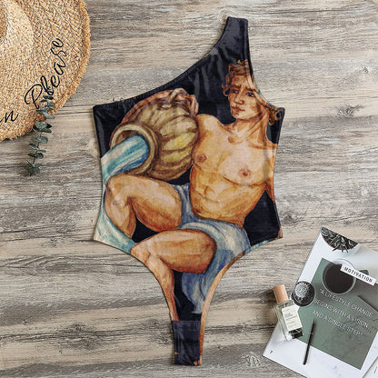 Watercolor Aquarius Zodiac Sign Print One Shoulder Bodysuit
