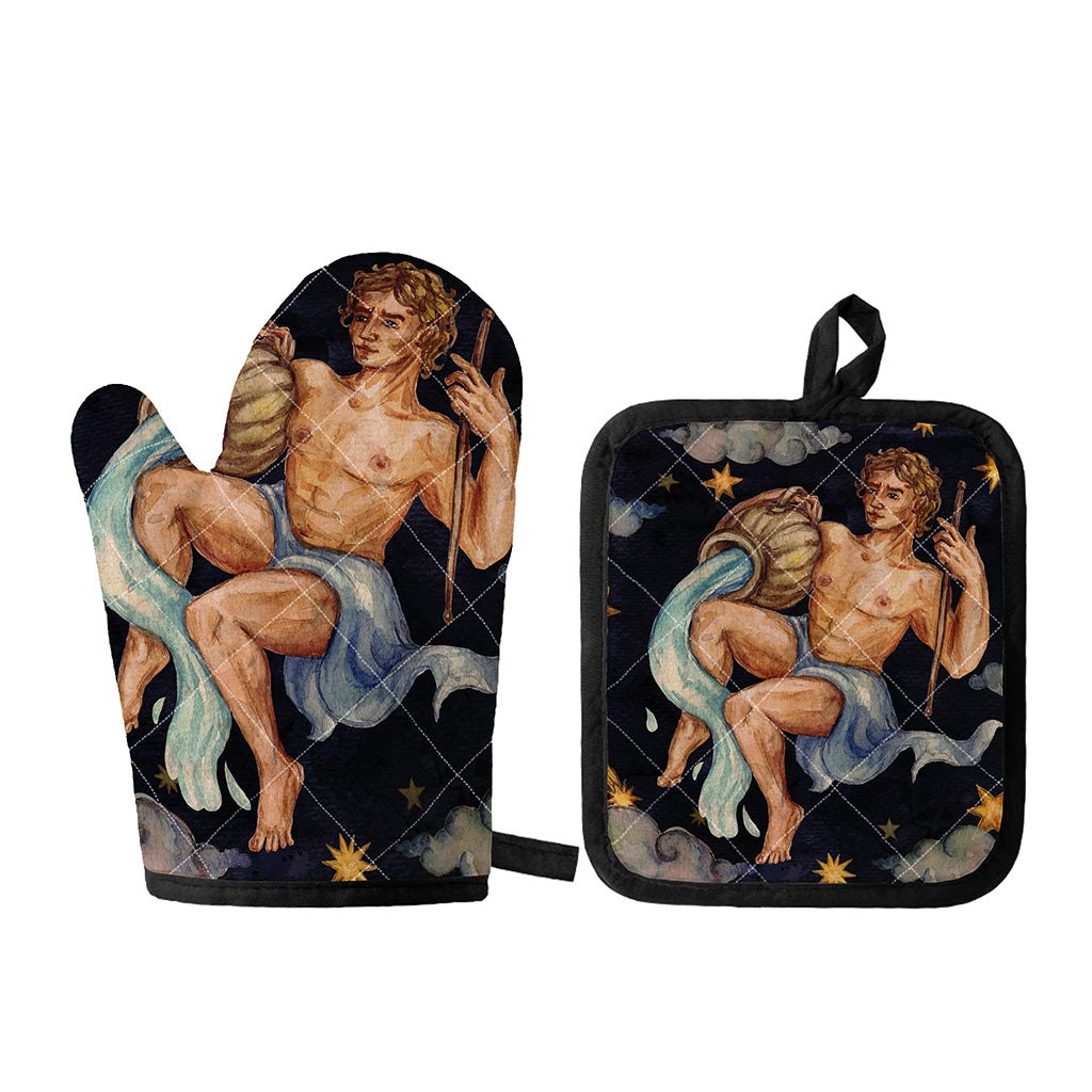 Watercolor Aquarius Zodiac Sign Print Oven Mitt And Pot Holder Set