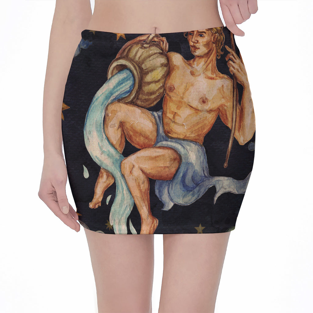 Watercolor Aquarius Zodiac Sign Print Pencil Mini Skirt