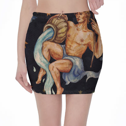 Watercolor Aquarius Zodiac Sign Print Pencil Mini Skirt