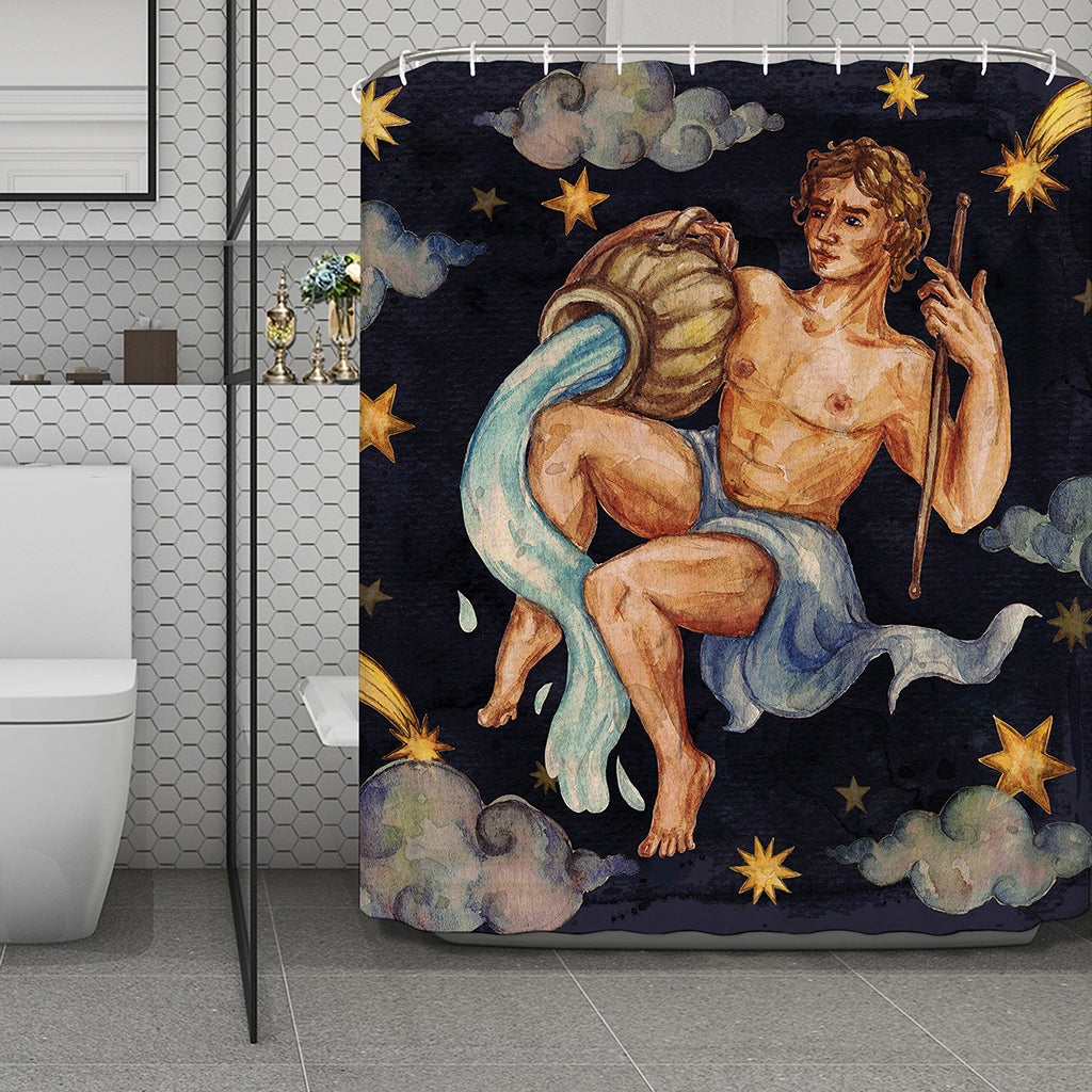 Watercolor Aquarius Zodiac Sign Print Polyester Shower Curtain