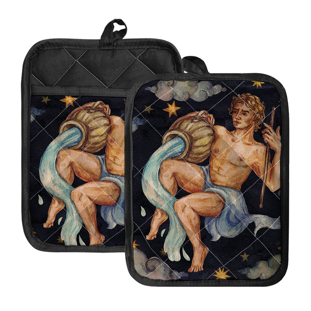 Watercolor Aquarius Zodiac Sign Print Pot Holders With Pocket