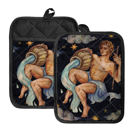 Watercolor Aquarius Zodiac Sign Print Pot Holders With Pocket