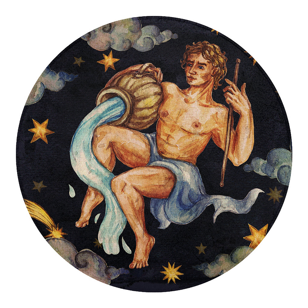 Watercolor Aquarius Zodiac Sign Print Round Blanket