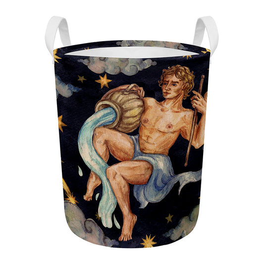 Watercolor Aquarius Zodiac Sign Print Round Laundry Basket