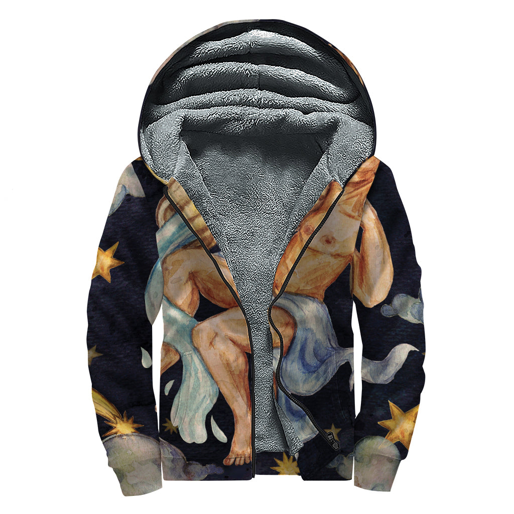 Watercolor Aquarius Zodiac Sign Print Sherpa Lined Zip Up Hoodie