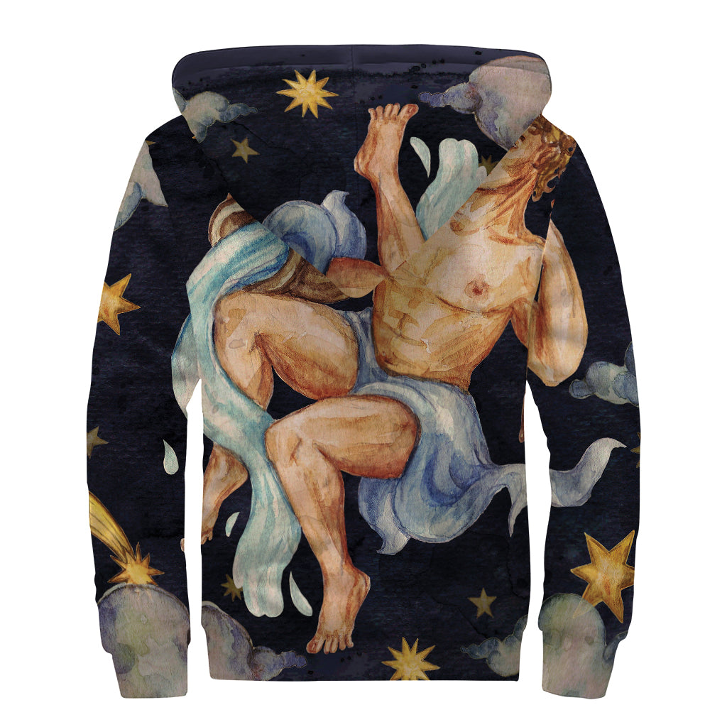 Watercolor Aquarius Zodiac Sign Print Sherpa Lined Zip Up Hoodie