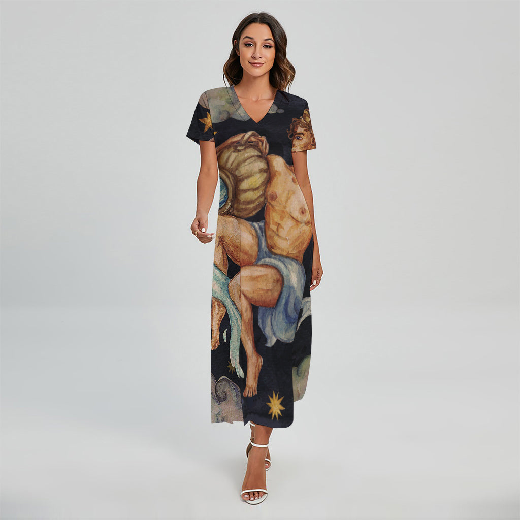 Watercolor Aquarius Zodiac Sign Print Short Sleeve Maxi Dress