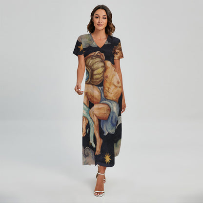Watercolor Aquarius Zodiac Sign Print Short Sleeve Maxi Dress