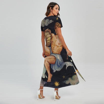Watercolor Aquarius Zodiac Sign Print Short Sleeve Maxi Dress