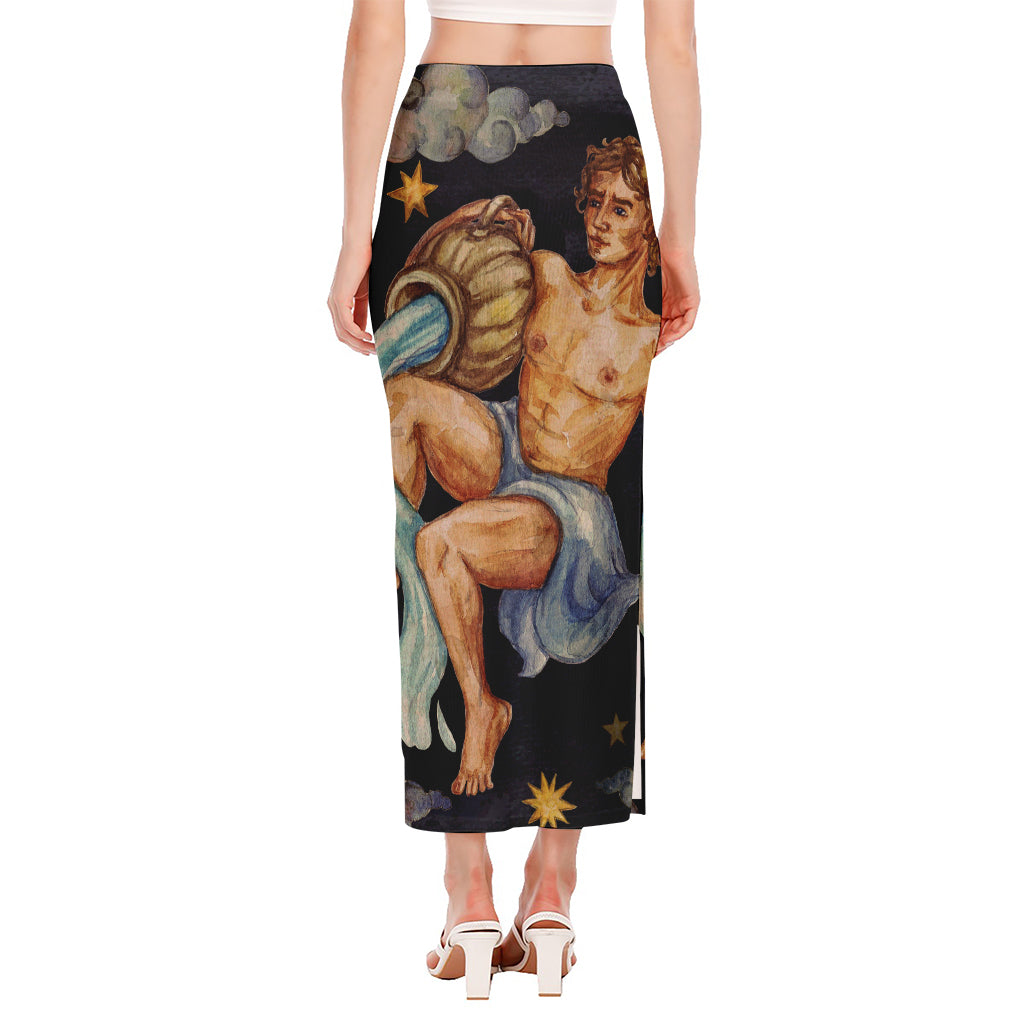 Watercolor Aquarius Zodiac Sign Print Side Slit Maxi Skirt