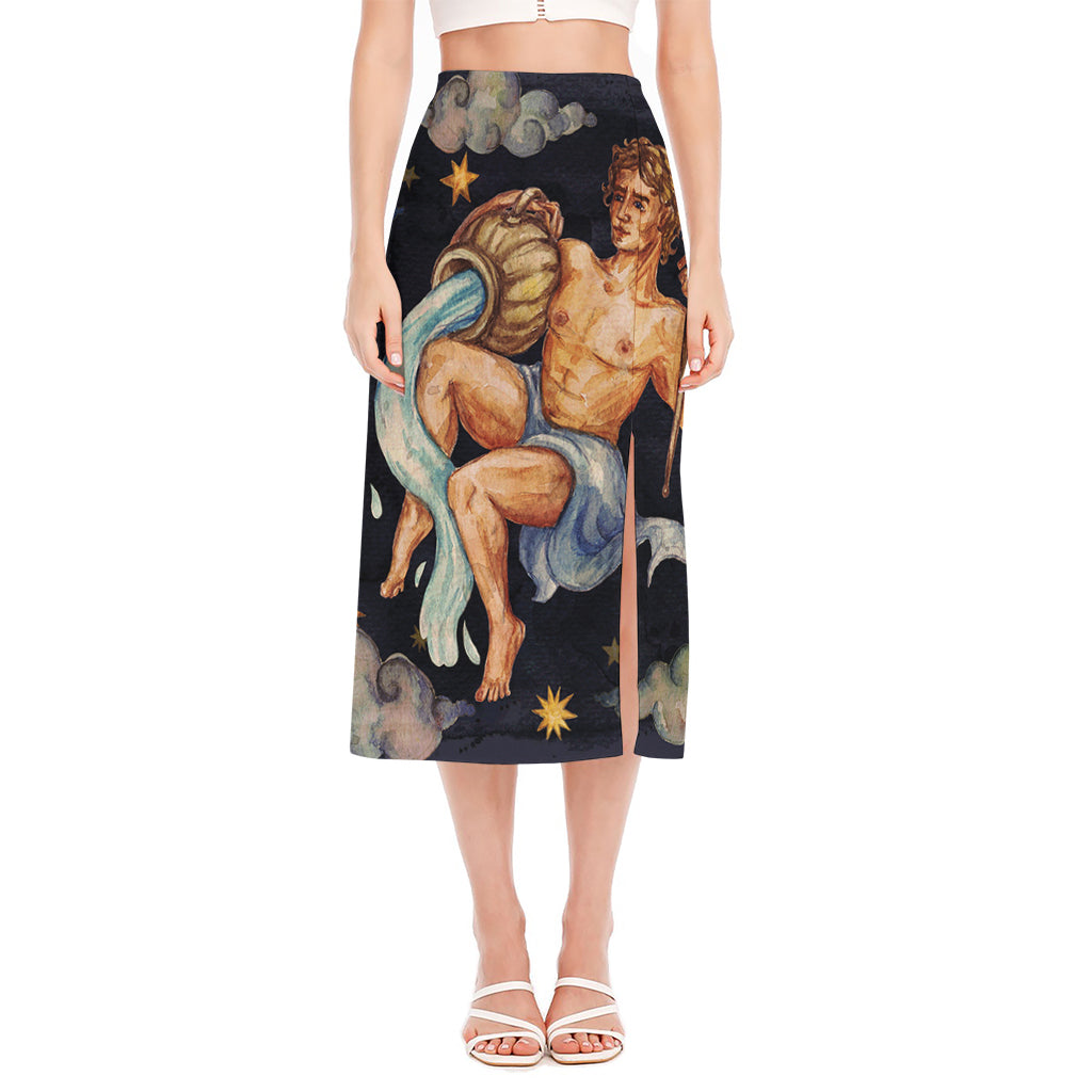 Watercolor Aquarius Zodiac Sign Print Side Slit Midi Skirt