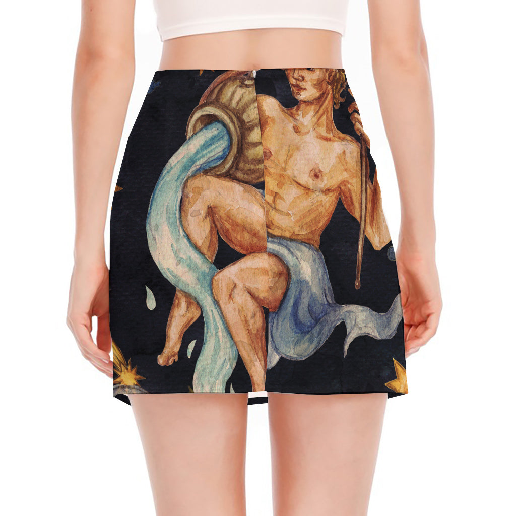 Watercolor Aquarius Zodiac Sign Print Side Slit Mini Skirt