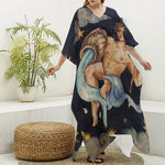 Watercolor Aquarius Zodiac Sign Print Silk V-Neck Kaftan Dress