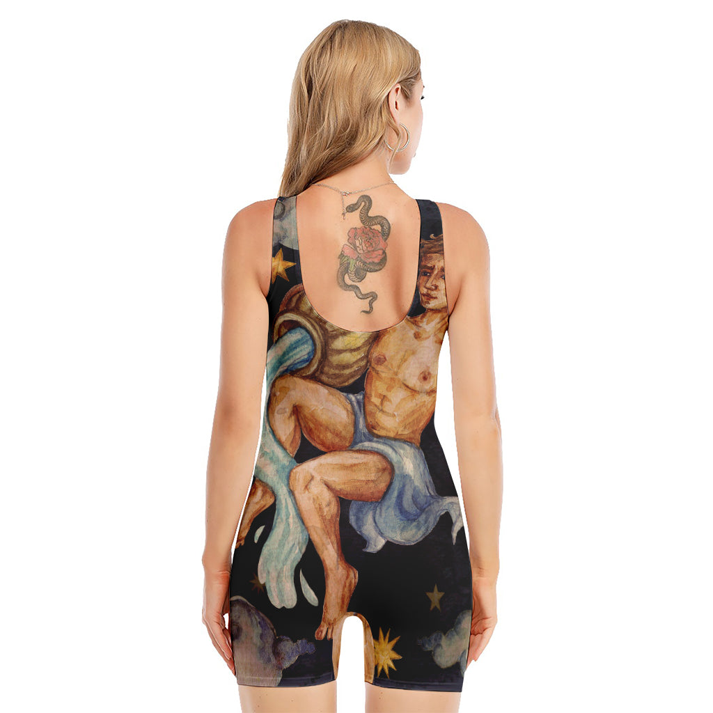 Watercolor Aquarius Zodiac Sign Print Sleeveless One Piece Swimsuit