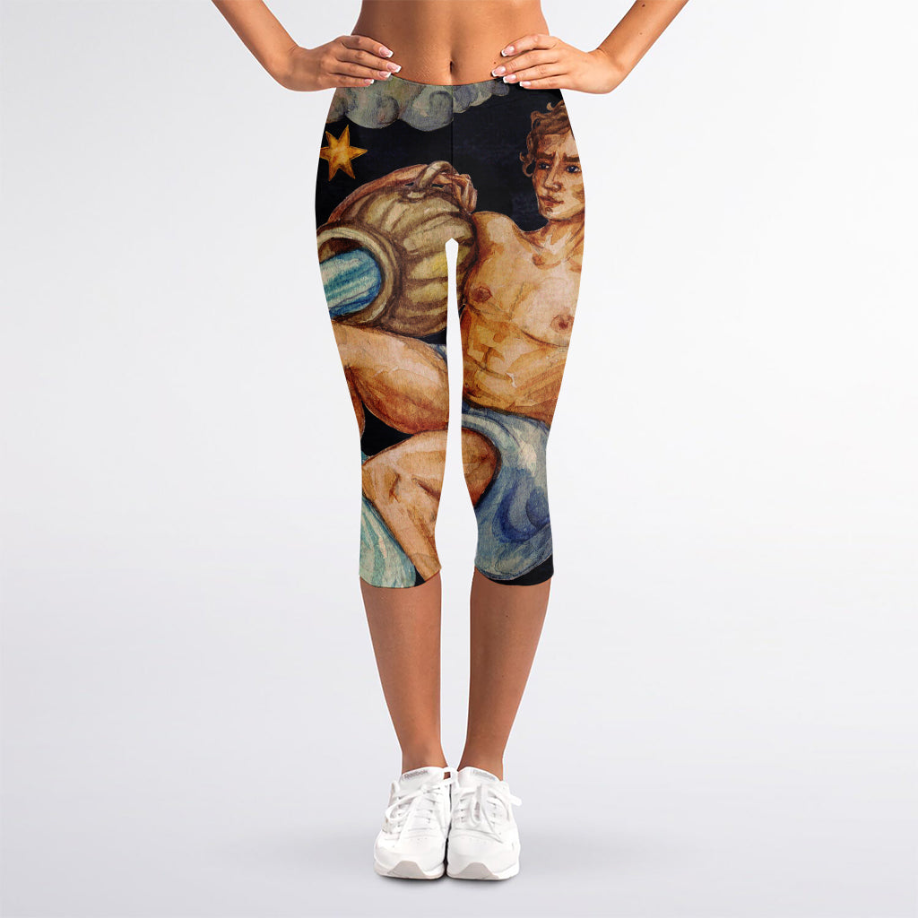 Watercolor Aquarius Zodiac Sign Print Women's Capri Leggings
