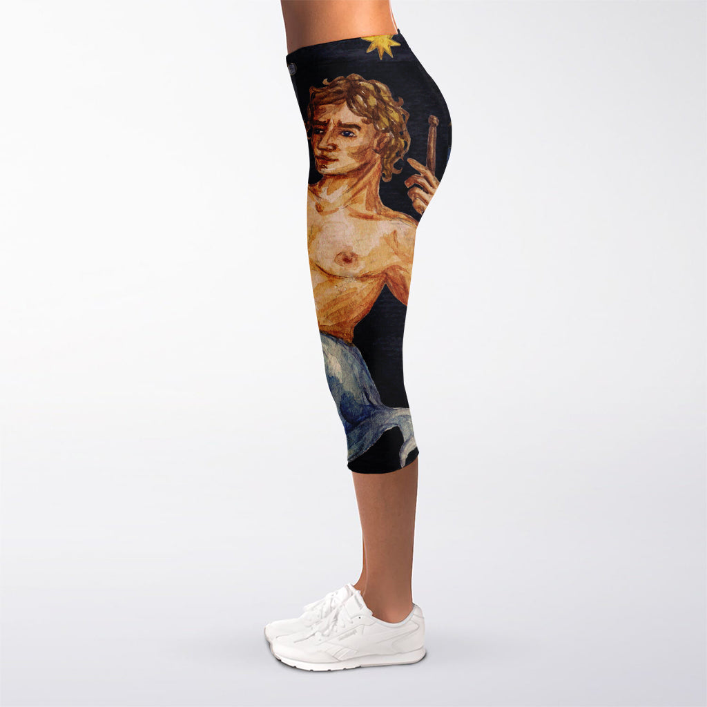 Watercolor Aquarius Zodiac Sign Print Women's Capri Leggings