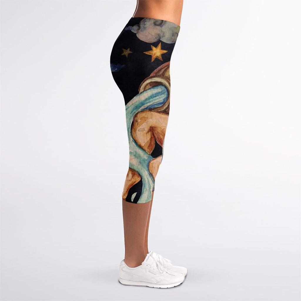 Watercolor Aquarius Zodiac Sign Print Women's Capri Leggings