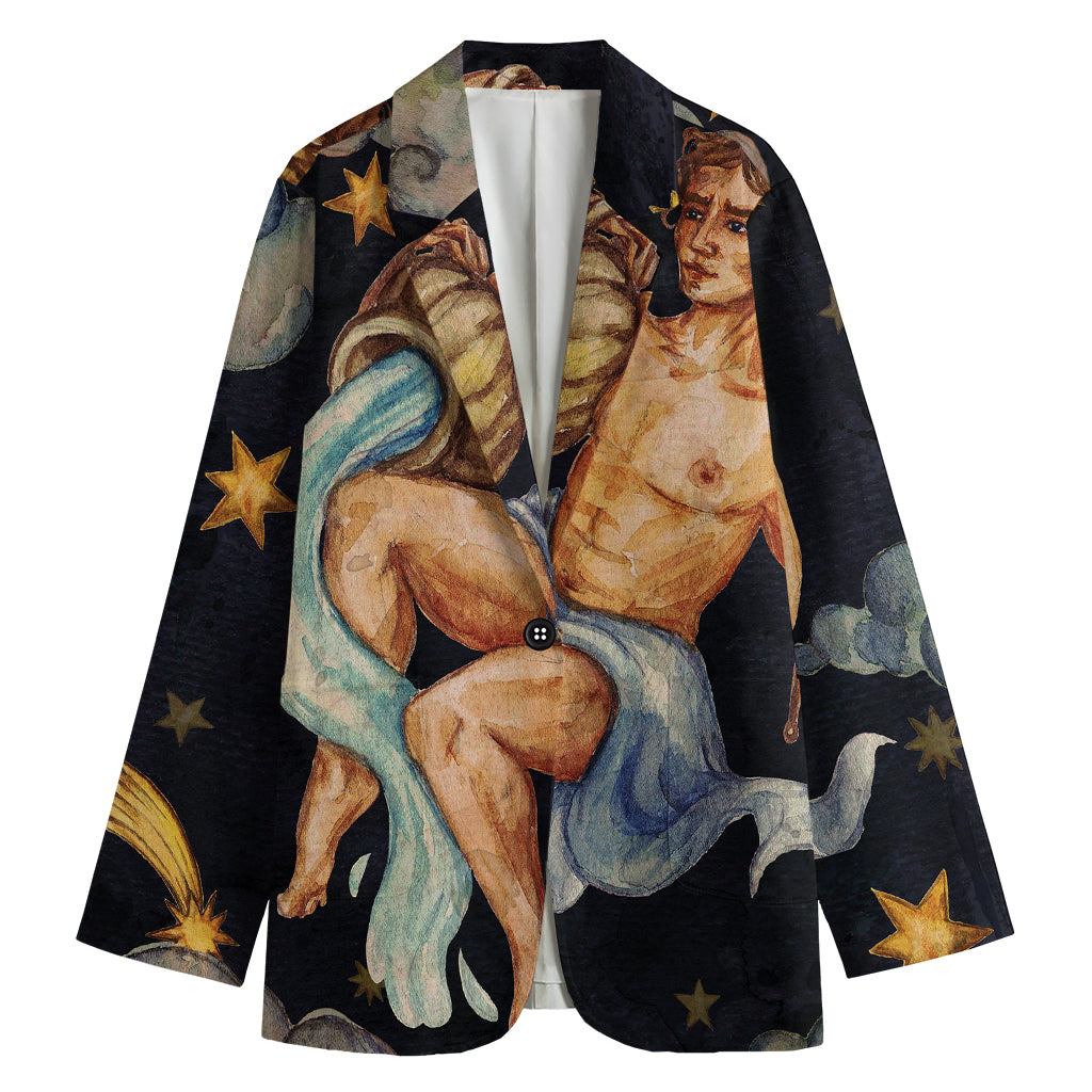 Watercolor Aquarius Zodiac Sign Print Women's Cotton Blazer