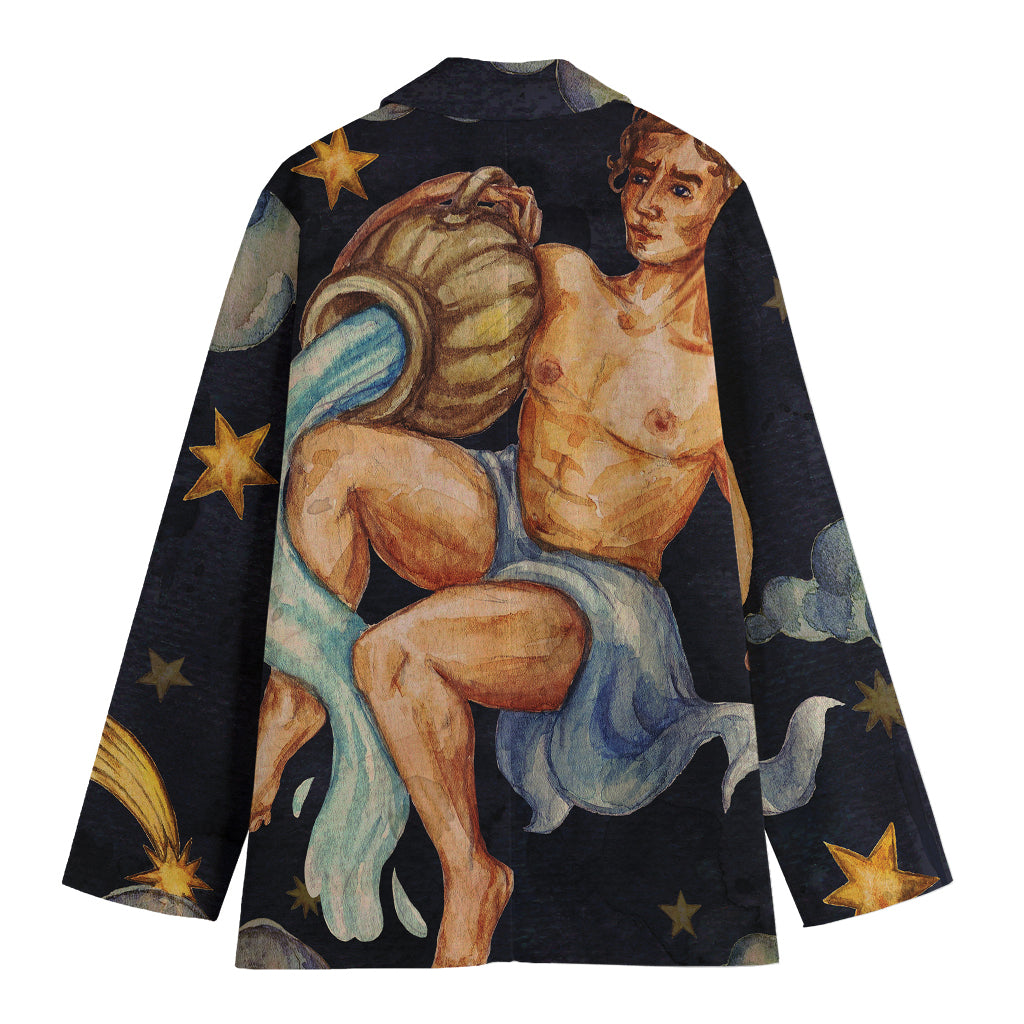 Watercolor Aquarius Zodiac Sign Print Women's Cotton Blazer