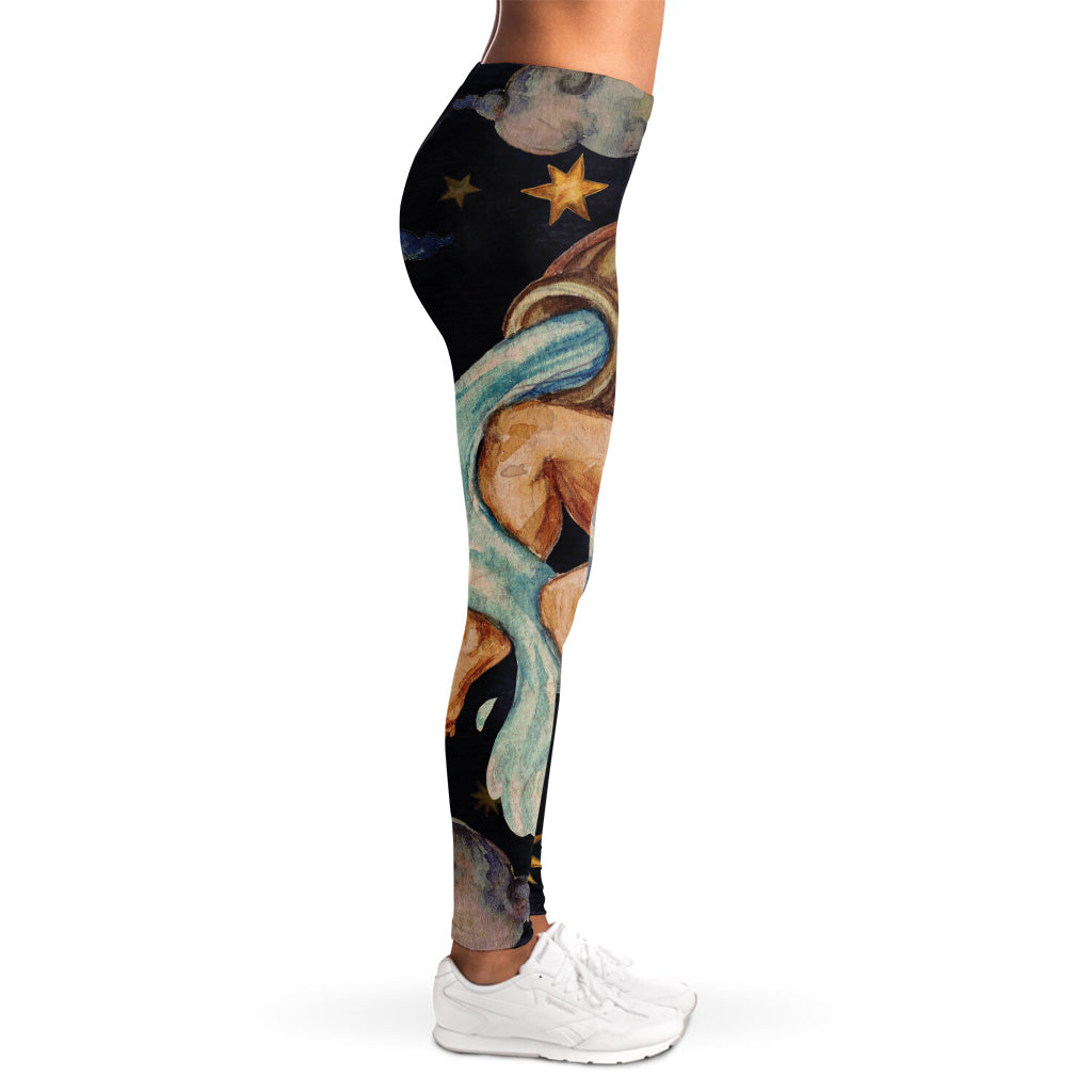 Watercolor Aquarius Zodiac Sign Print Women's Leggings