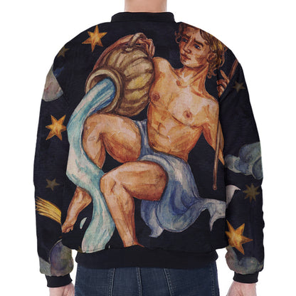 Watercolor Aquarius Zodiac Sign Print Zip Sleeve Bomber Jacket