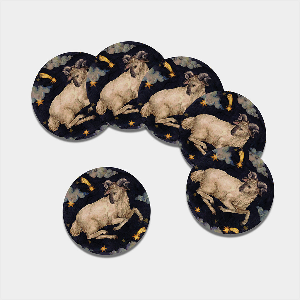 Watercolor Aries Zodiac Sign Print Leather Coaster Set
