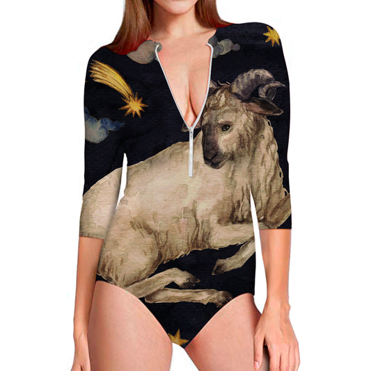 Watercolor Aries Zodiac Sign Print Long Sleeve Swimsuit