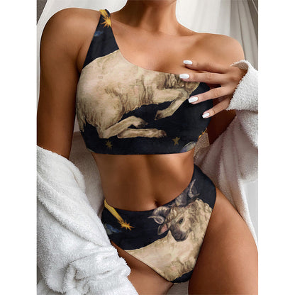 Watercolor Aries Zodiac Sign Print One Shoulder Bikini Top