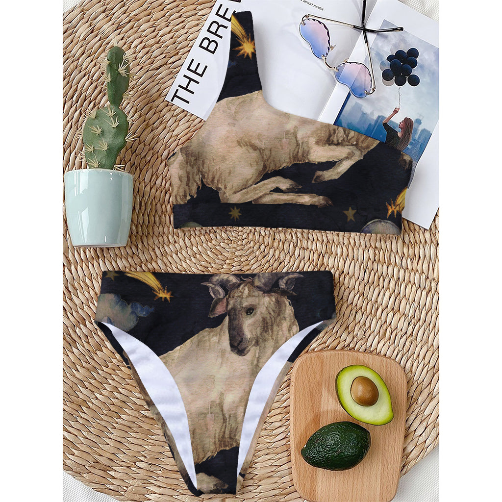 Watercolor Aries Zodiac Sign Print One Shoulder Bikini Top