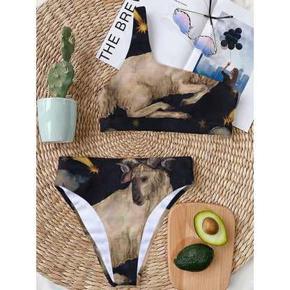 Watercolor Aries Zodiac Sign Print One Shoulder Bikini Top