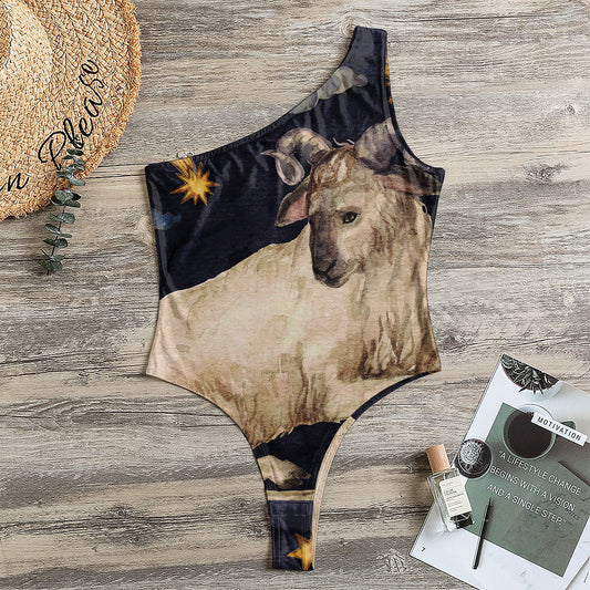 Watercolor Aries Zodiac Sign Print One Shoulder Bodysuit