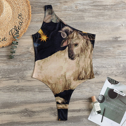 Watercolor Aries Zodiac Sign Print One Shoulder Bodysuit