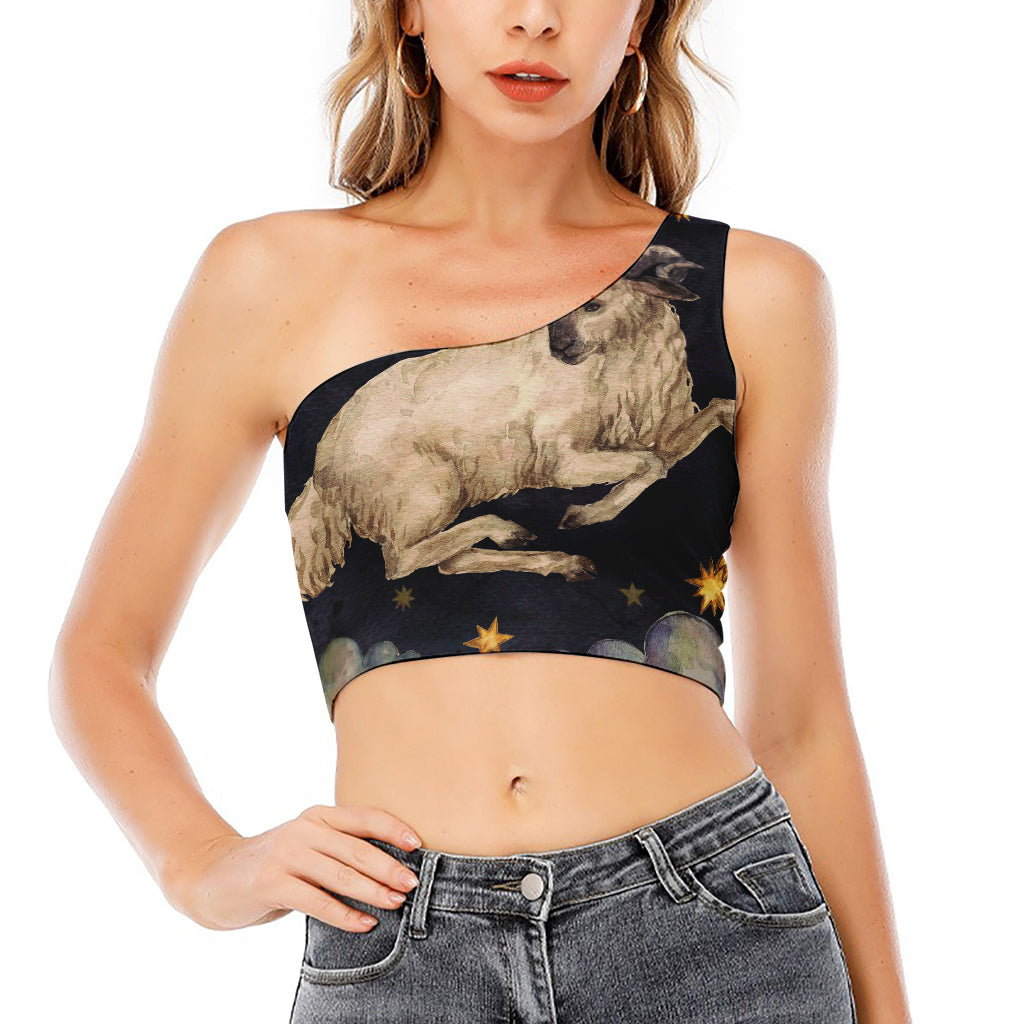 Watercolor Aries Zodiac Sign Print One Shoulder Crop Top