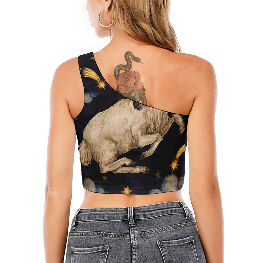 Watercolor Aries Zodiac Sign Print One Shoulder Crop Top