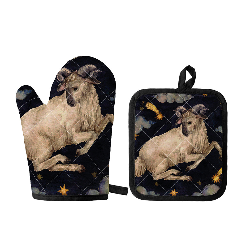 Watercolor Aries Zodiac Sign Print Oven Mitt And Pot Holder Set