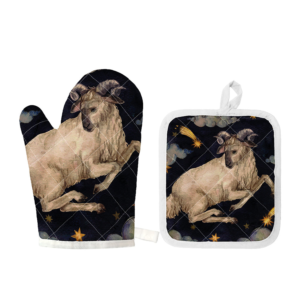 Watercolor Aries Zodiac Sign Print Oven Mitt And Pot Holder Set