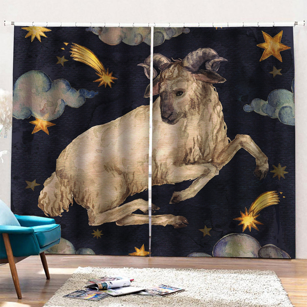 Watercolor Aries Zodiac Sign Print Pencil Pleat Curtains