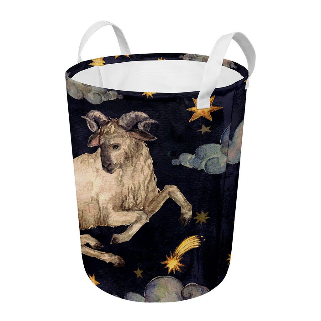 Watercolor Aries Zodiac Sign Print Round Laundry Basket
