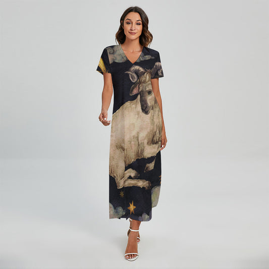 Watercolor Aries Zodiac Sign Print Short Sleeve Maxi Dress