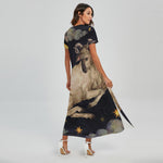 Watercolor Aries Zodiac Sign Print Short Sleeve Maxi Dress