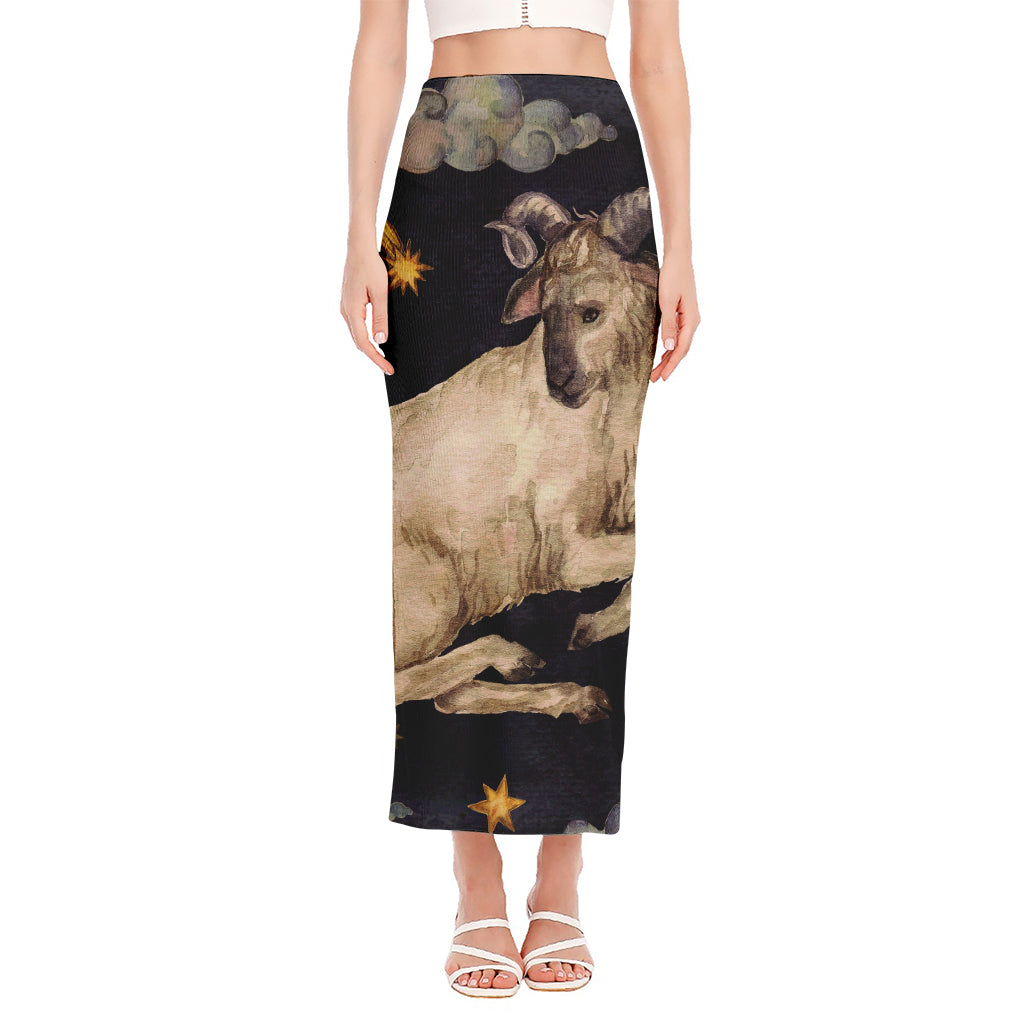 Watercolor Aries Zodiac Sign Print Side Slit Maxi Skirt